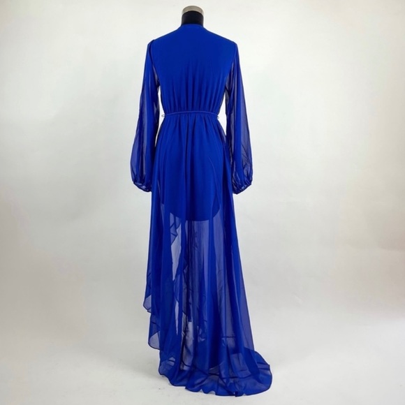 Royal Blue Chiffon Maxi Wrap Asymmetrical Dress - Picture 4 of 11
